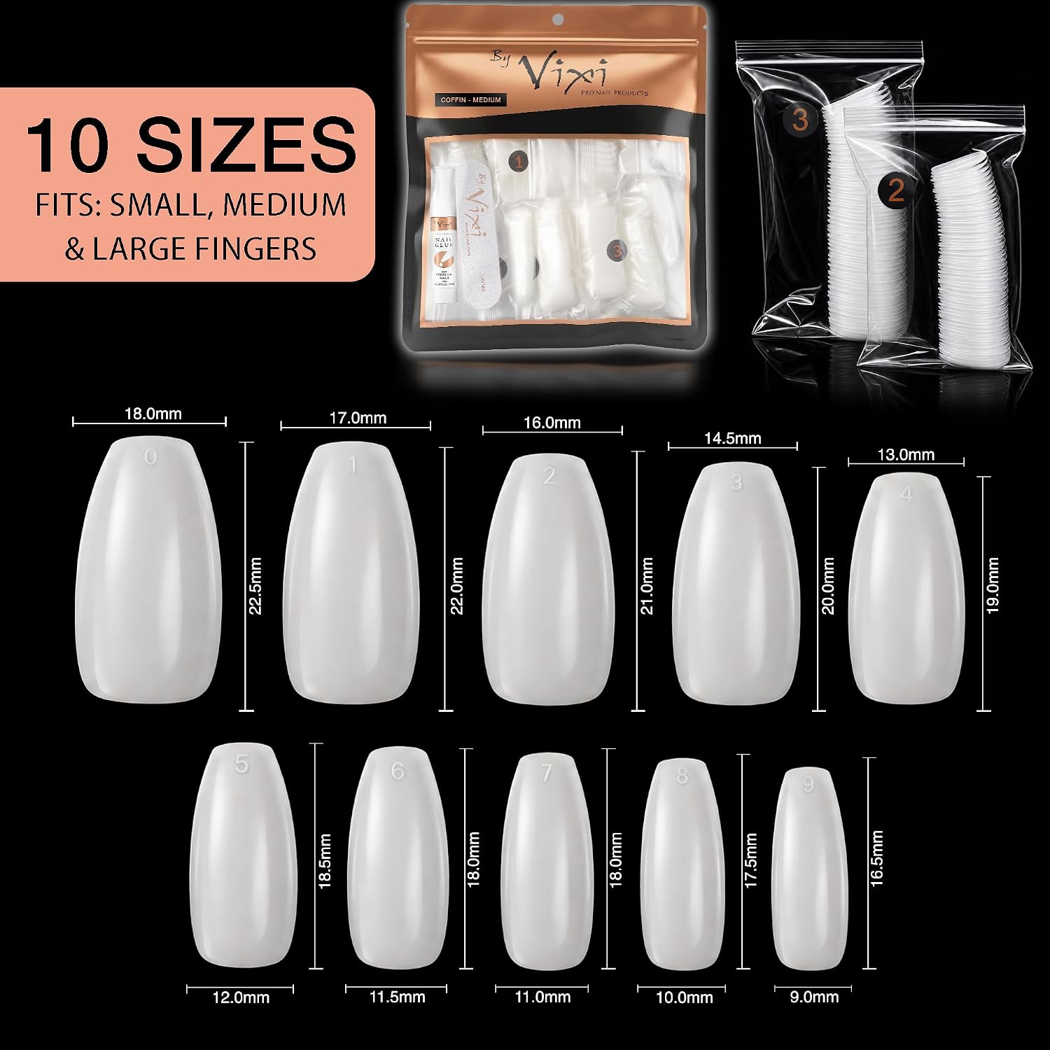 By Vixi 500 SHORT COFFIN/BALLERINA NAIL SET with PREP FILE, 10 Sizes – Opaque Express Full Cover False Fingernail Extensions for Salon Professionals & Home Use image 3