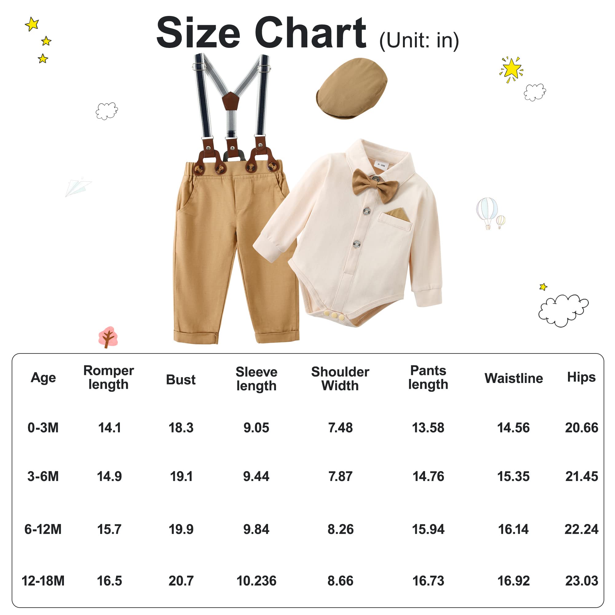 nilikastta Trajes de boda para bebé niño, ropa para bebé, camisas, pantalones de tirantes, corbatín, boina, sombrero de 0-18 meses