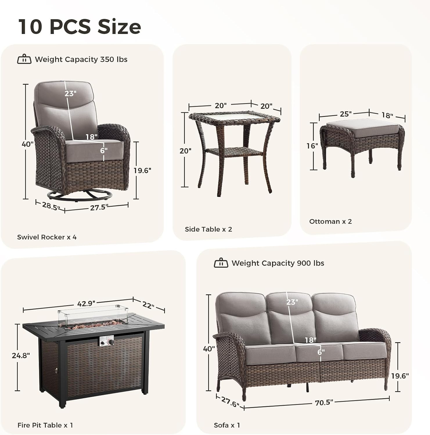 Luxury Patio Furniture Set with Fire Pit Table, Outdoor Furniture Set with High Back Swivel Chairs & 6-inch Thick Cushions, 10 PCS Fire Pit Patio Set for Yard, Deck, Poolside, Brown/Beige