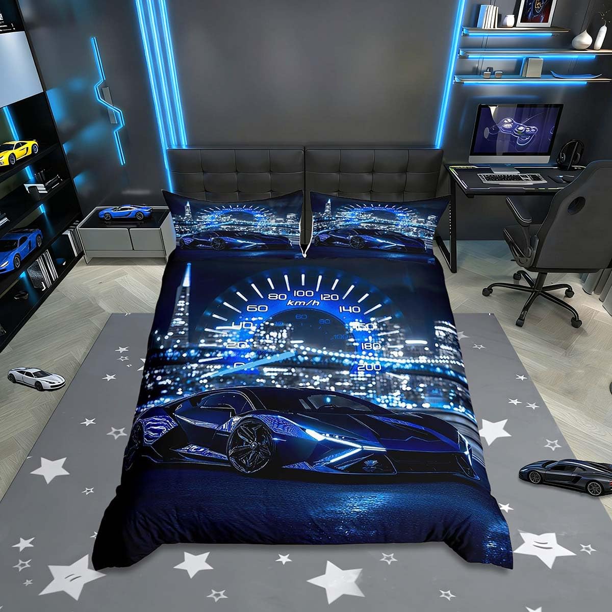 Homemissing Kids Blue Race Car Bedding Set Single Size, Speed Sports Car Duvet Cover Set Extreme Sports Duvet Cover with 1 Pillowcase Boys Girls Racing Bedding