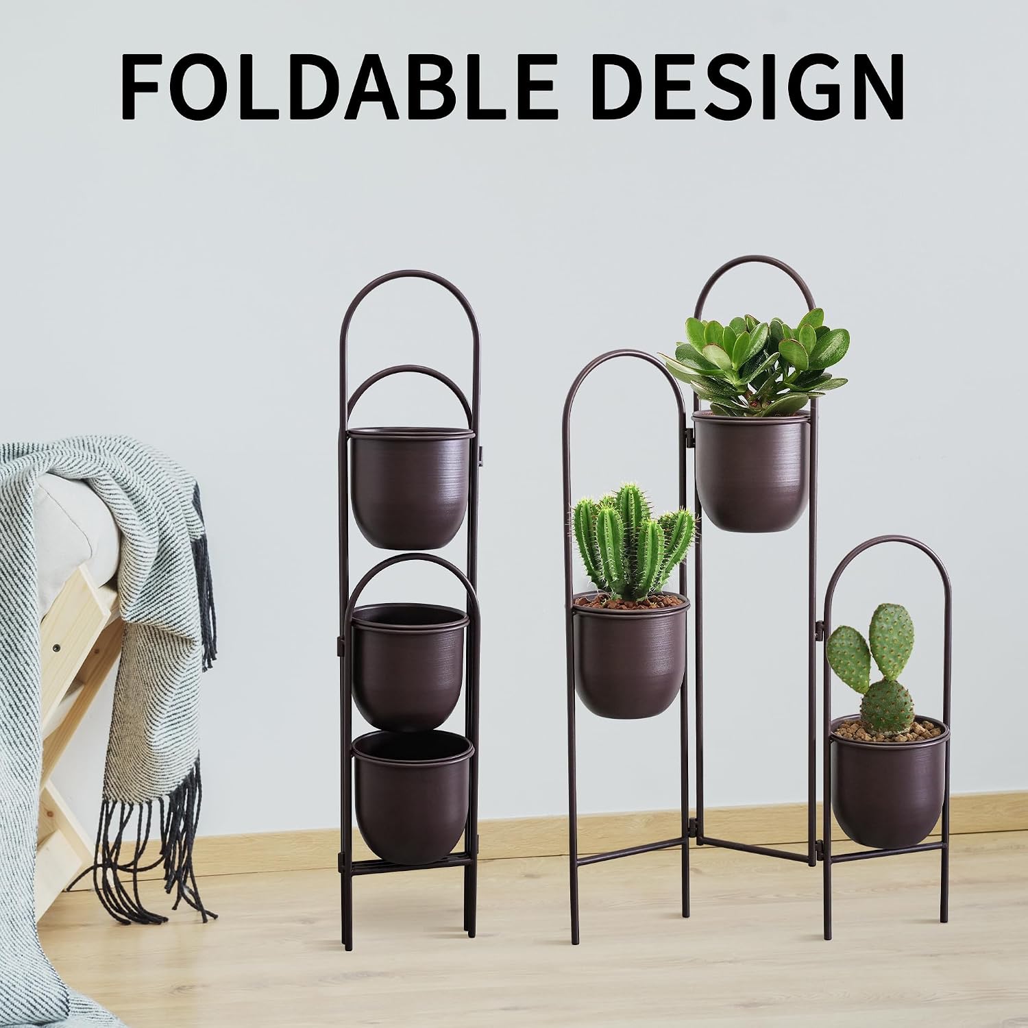 TRIROCKS 3 Tier Plant Stand with 3 Removable Metal Pots Indoor Outdoor Corner Plant Rack, 35" H Space Saving Flower Pot Holder for Living Room, Balcony, Patio & Garden(Brown) image 5