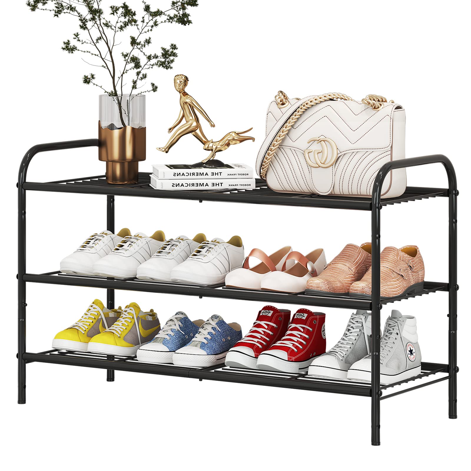 Wisdom Star3 Tier Stackable Shoe Rack Organizer Storage, Adjustable Shoe Shelf for Closet Closet Hallway Bedroom Entryway, Black