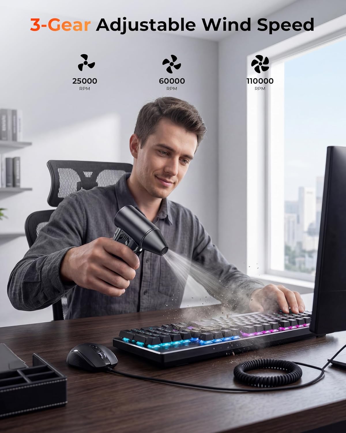 Compressed Air Duster, 110000 RPM High-Speed Electric Air Duster with Brushless Motor, 3-Speed Settings, Rechargeable Cordless Dust Blower with Fast Charging for PC, Keyboard, Car, Home (Black)