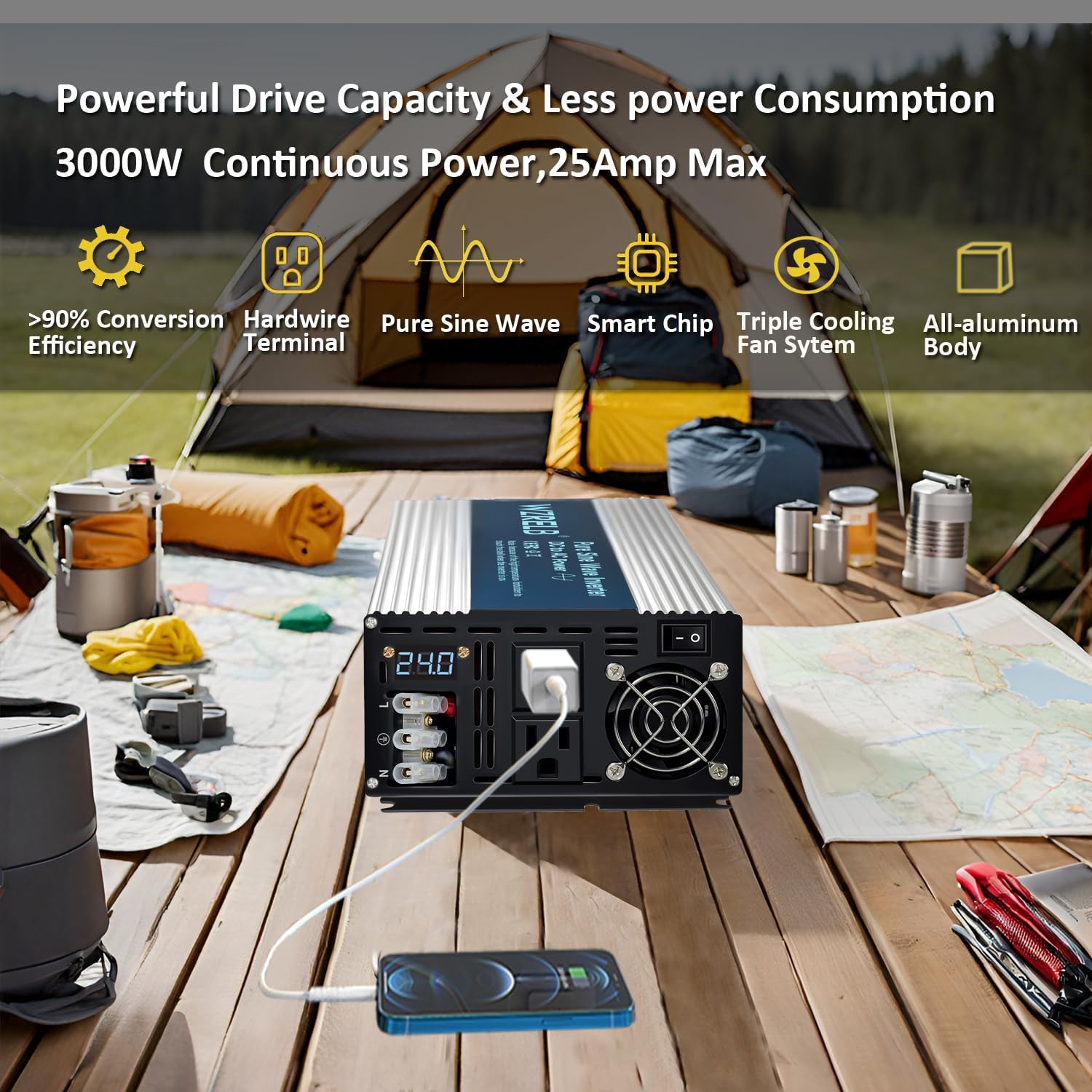 WZRELB 3000W Pure Sine Wave Inverter 24V DC to 110V 120V AC Power Converter with LED Display, Hardwire Terminal,Off-Grid Portable Power Inverter with Dual AC Outlets for Home, RV, Truck, Camping