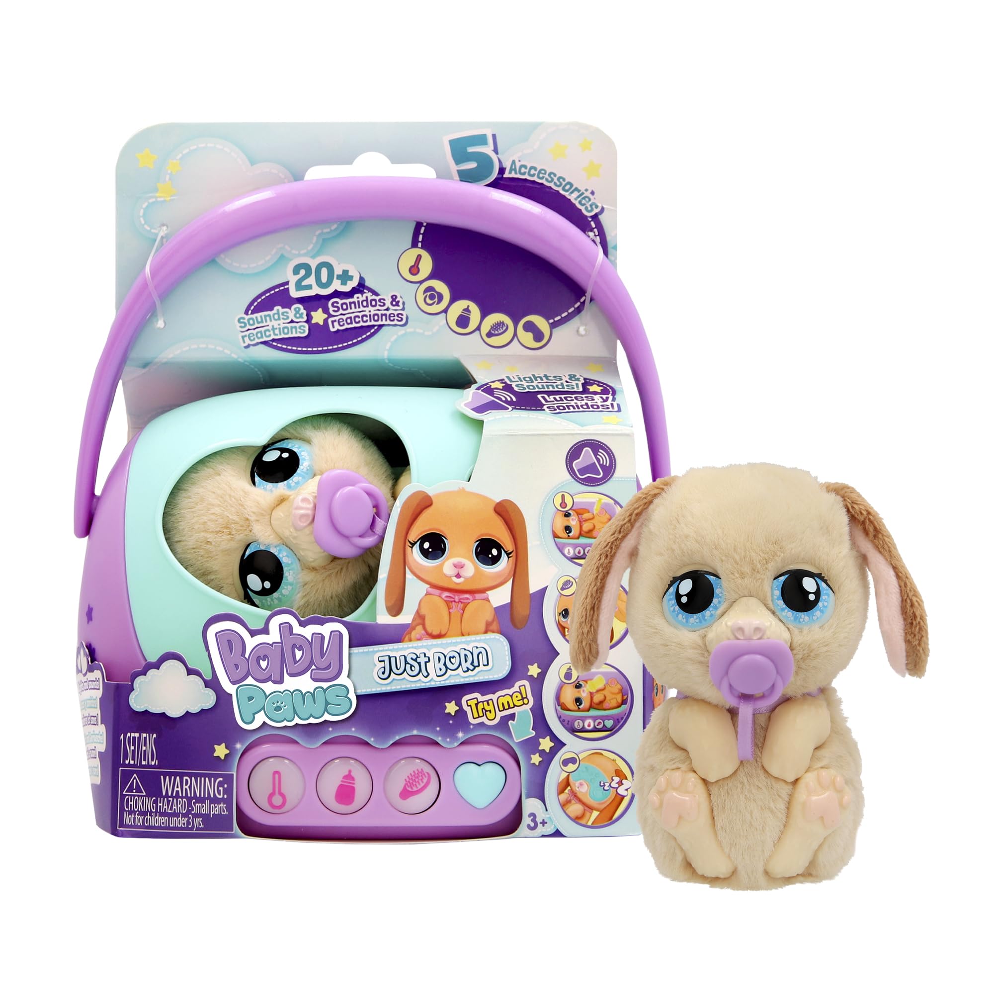 Baby Paws Just Born Puppy – Interactive Newborn Pet Toy with Light-Up Heart, Accessories & Carry Case – Nurturing Play Toy for Kids