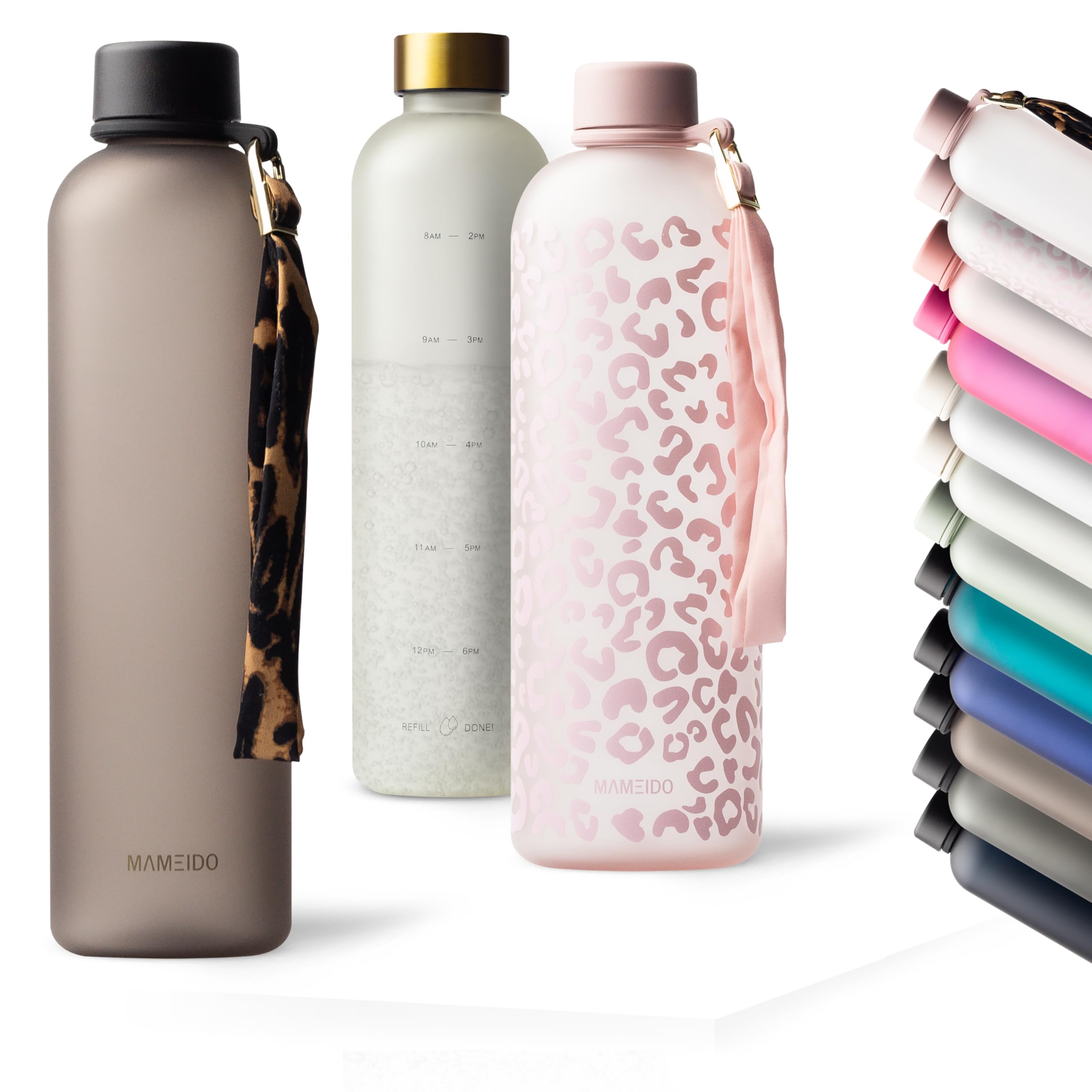 MAMEIDO Trinkflasche mit Zeitmarkierung 1 l Kohlensäure geeignet, auslaufsichere Water Bottle, Wasserflasche BPA frei für Sport, Gym & Büro (Urban Taupe)