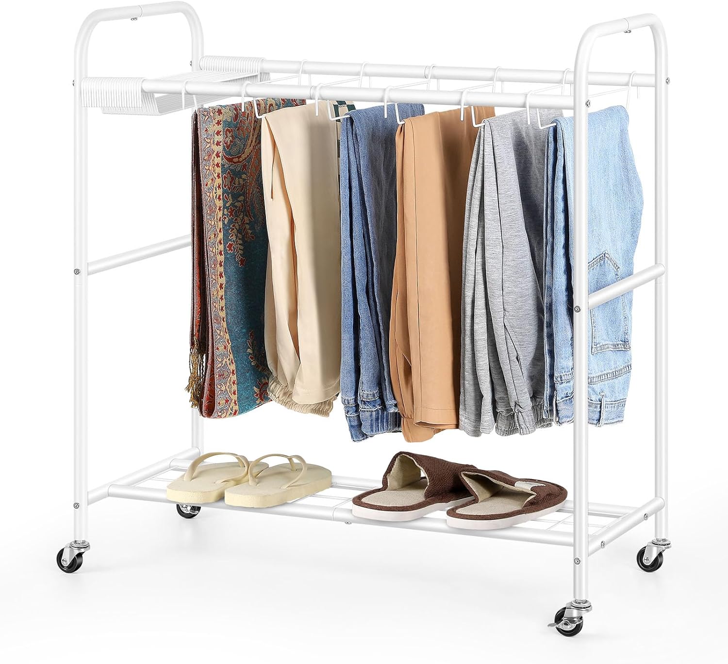 OYEAL Rolling Pants Trolley Trouser Hangers with 30 Pant Racks 2 Tier Pants Hangers with Storage Shelf and Wheels Pant Storage Organizer for Clothes Towels Jeans Scarves, White