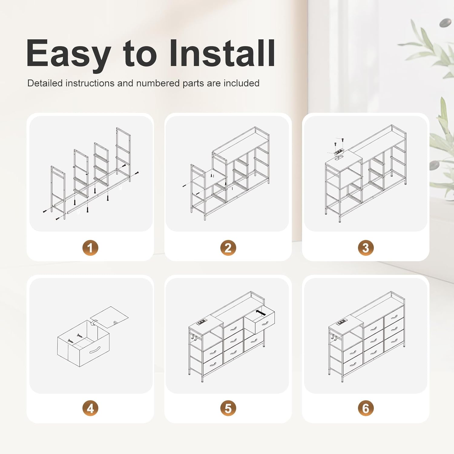 Diagram showing six steps for assembling the WOLTU dresser