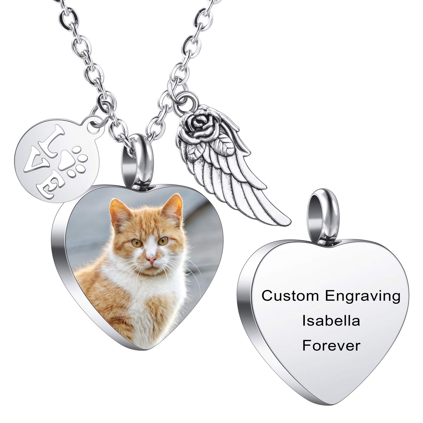 MeMeDIY Personalizado Corazón Huella de la Pata Cenizas Urna Colgante Collar Costumbre Nombre/Foto/Fecha para Mujer Hombre Mascota Amante Acero inoxidable Memorial Perro Gato Mascota Recuerdo