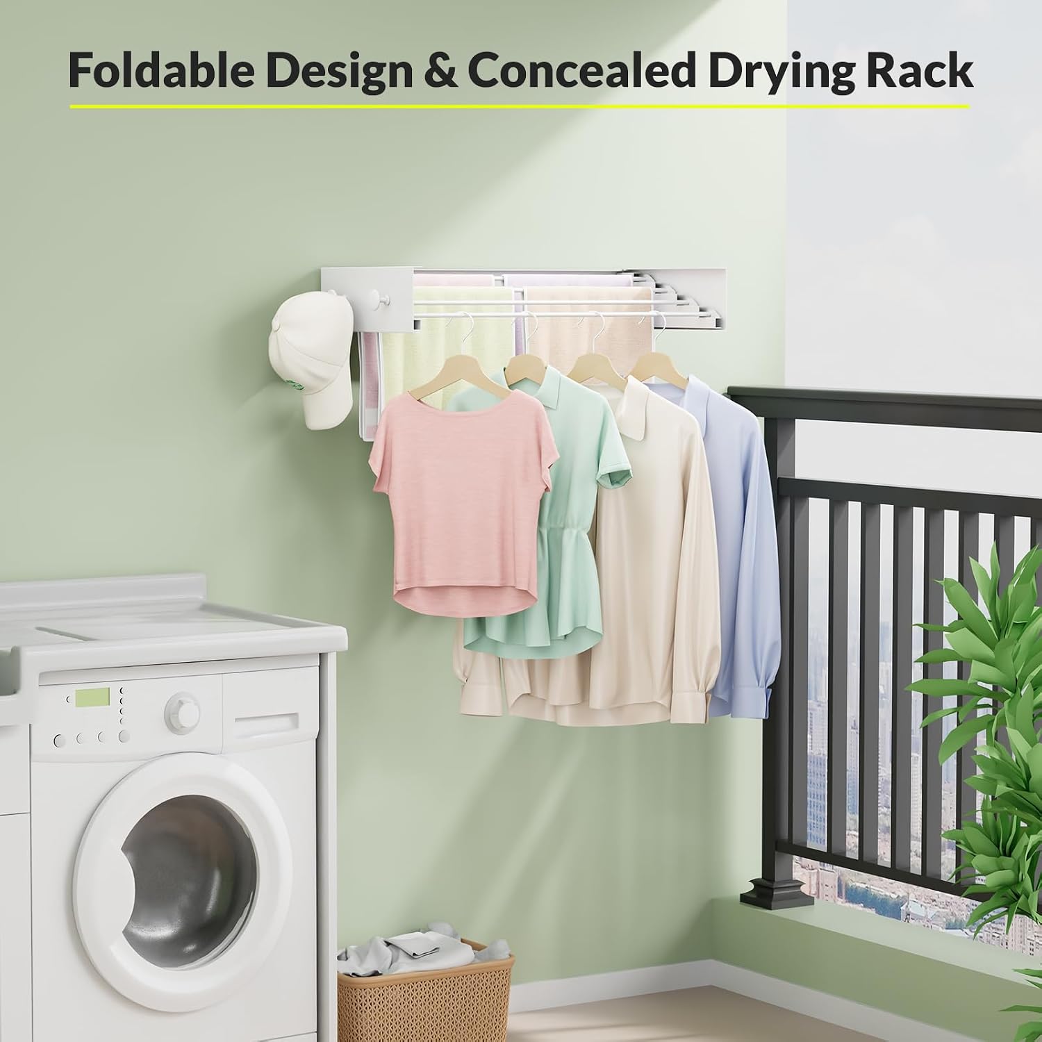 Collapsible Laundry Drying Rack Wall Mounted - 31.5 Inch Metal Clothing Drying Rack with 6 Hooks, Retractable Foldable Dry Racks for Laundry Drying Indoor, Heavy Duty Towel & Coat Hanger image 3