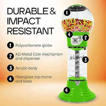 Giant Gumball Machine with Stand - Commercial Bubble Gum Machine 5`6 Spiral Gumball Vending Machines - Coin Mechanism $0.25 - Dispenses 1 Gumballs Bouncy Balls & Toys in Round Capsules - Green