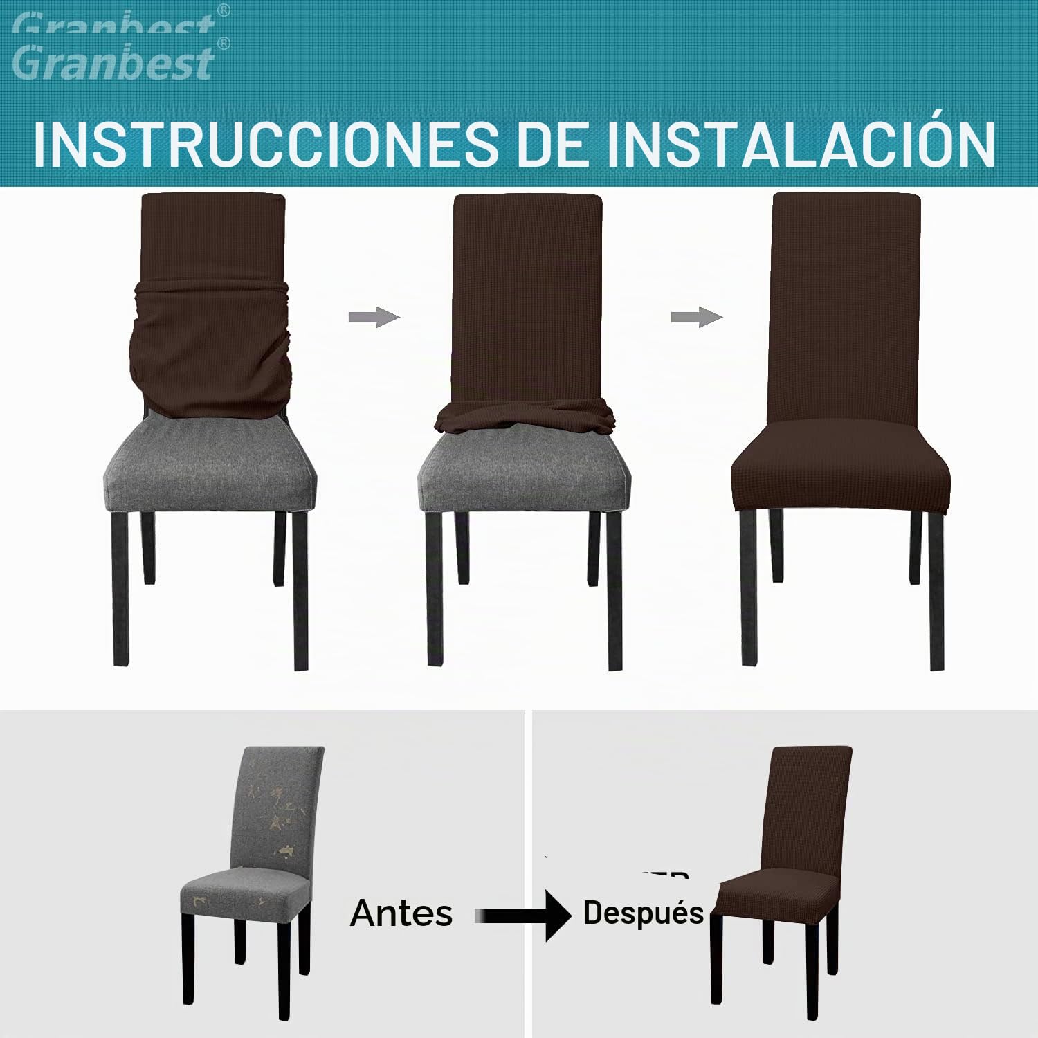 Granbest Juego de 6 Fundas para sillas de Comedor Impermeables de, elásticas, para Comedor, protección de Silla extraíble para Cocina, Fiesta, Hotel (Juego de 6 Unidades), Chocolate