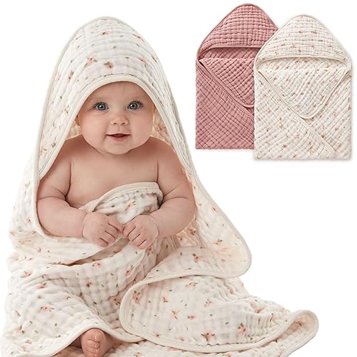 Blissful Diary Muslin Baby Hooded Towel 2 Pack, Soft &