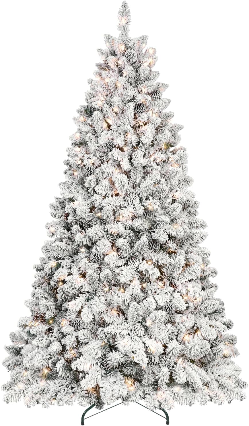 9FT Prelit Flocked Christmas Tree with 850 Lights & 2240 Branch Tips, Premium Artificial Christmas Tree with Pine Cone, Pre Lit Hinged Xmas Tree with Memory Wire Technology for Holiday Decoration 9FT Prelit Flocked Christmas Tree with 850 Lights & 2240 Branch Tips, Premium Artificial Christmas Tree with Pine Cone, Pre Lit Hinged Xmas Tree with Memory Wire Technology for Holiday Decoration