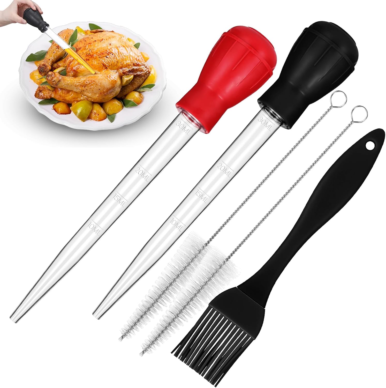 Boao 5 Pcs Large Turkey Baster Set for Cooking, Baster Brush, Black, Red