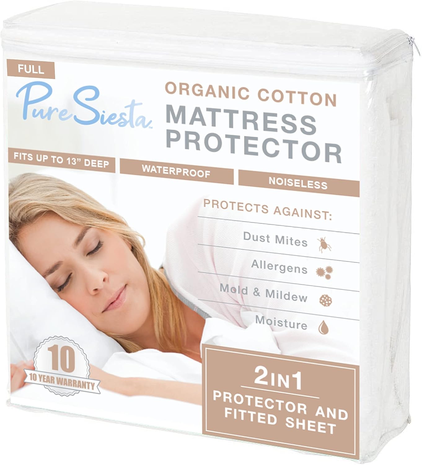Pure Siesta Organic Cotton 5-Sided Waterproof Mattress Protector, Washable, Breathable & noiseless Bed Cover (Full)