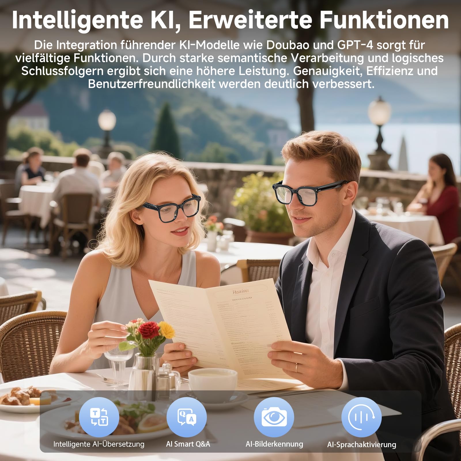 AI Smart Glasses, Brille mit 800 W Kamera, 2 Paare Brillengläser, 1080P HD Video und Audiorecording mit Bildstabilisierung, /Bluetooth-Anrufe/AI-Assistent/Echtzeitübersetzung