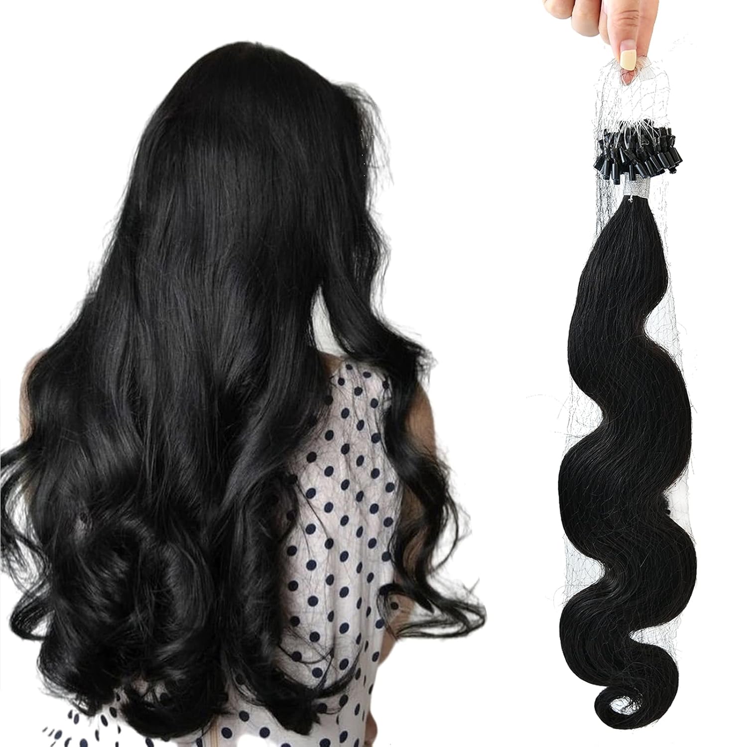 Microlinks Hair Extensions 16 Inch Wavy Micro Link Human Hair Loop Body Wave Real Human Hair Color #1B Off Black Micro Beads Hair Extensions Human Hair 50s/50g