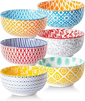 Ceramic Soup Bowls Set - 709 ml Deep Cereal Bowl for Kitchen - 24 oz Porcelain Salad Bowl for Pasta, Dessert, Ramen - Microwave Dishwasher Safe - Set of 6 - Assorted Colors