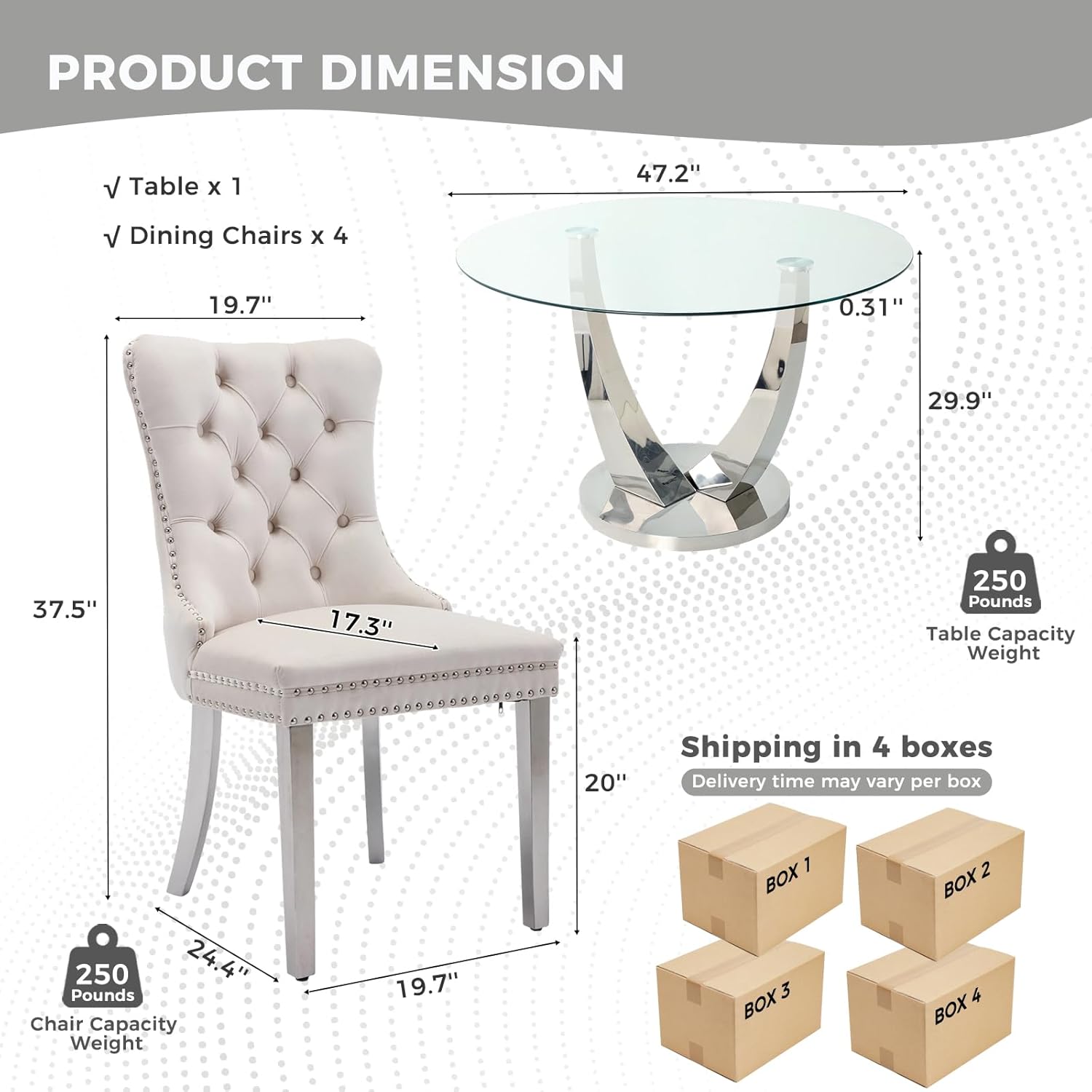 47.2 Inch Round Glass Dining Table Set for 4, Silver Round Kitchen Table with 4 Upholstered Velvet Accent Chairs, 5 Piece Modern Dining Room Set, for Home, Apartment, Kitchen - Beige Chairs