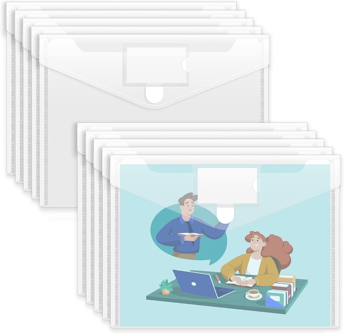 Sooez Paquete de 10 carpetas de archivos de sobres de plástico, carpeta transparente para documentos, sobres de poliéster tamaño A4 con bolsillos para etiquetas para la escuela, el hogar, el trabajo, la oficina, organizador, transparente