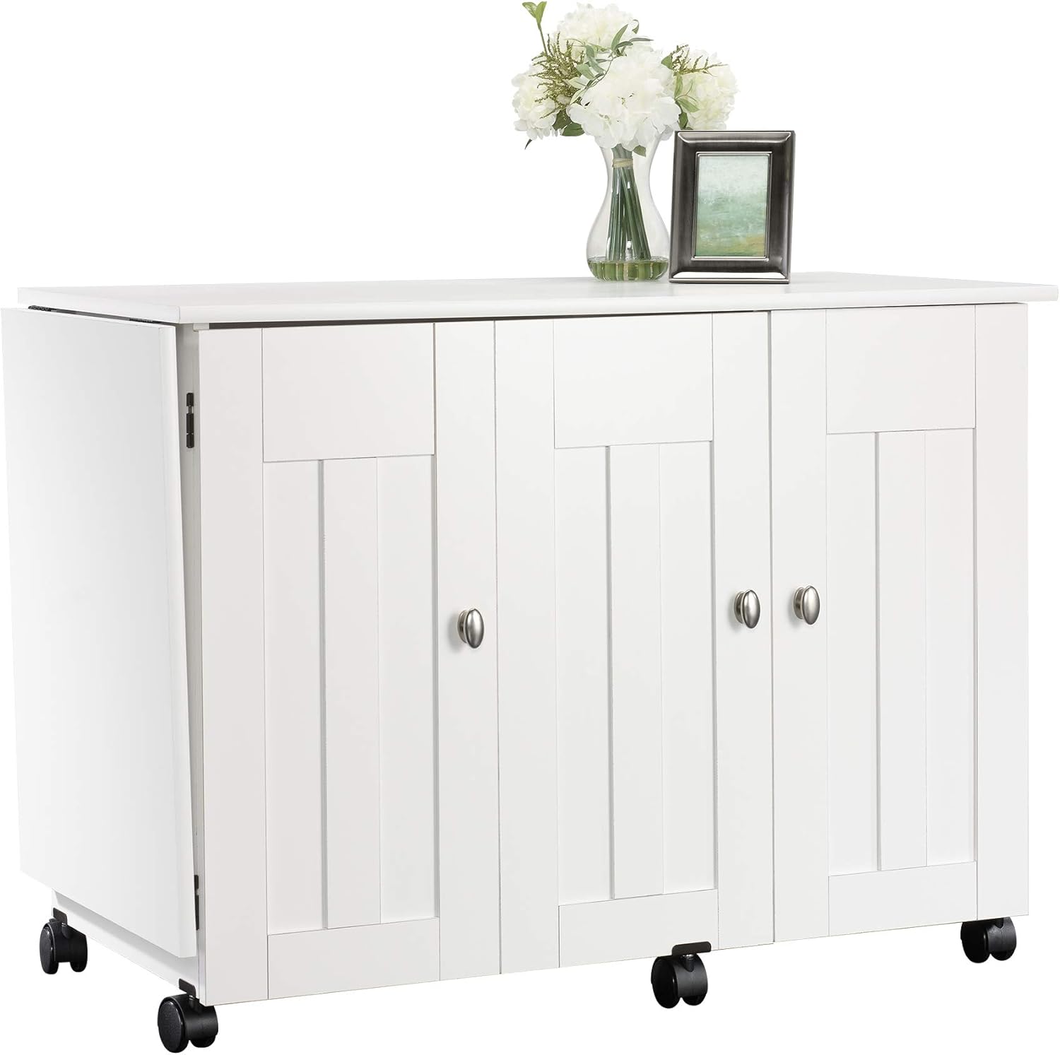 sauder folding sewingtable & craft cart storage cabinet, in soft white