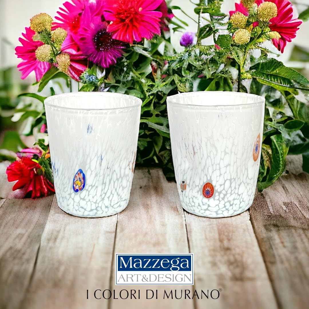 MAZZEGA ART & DESIGN - 6 Bicchieri Tumbler Bianco in Vetro Soffiati e Lavorati a Mano con Murrine di Murano, linea “I Colori di Murano” 350 ml. Made in Italy (Bianco, 6)