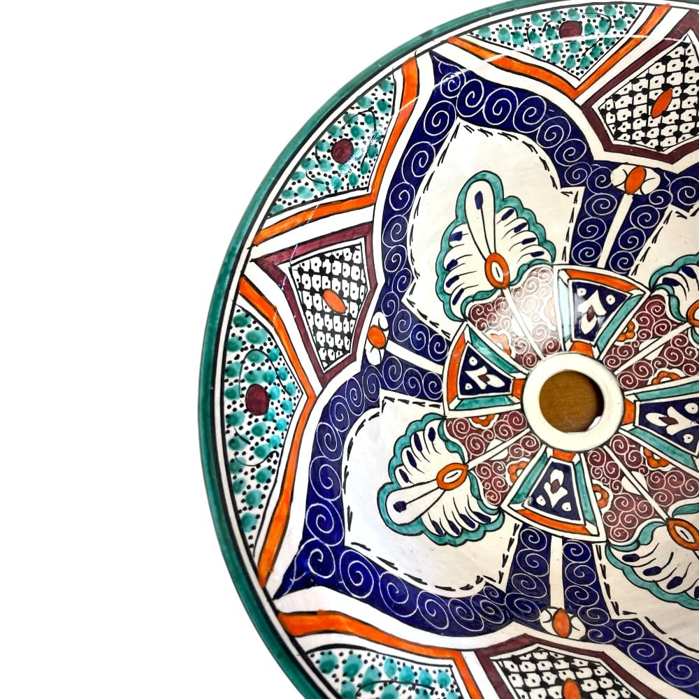 Lavabo Marocchino in Ceramica Dipinta a Mano, 40 cm, Motivo Floreale Blu e Verde, Fes Artigianale
