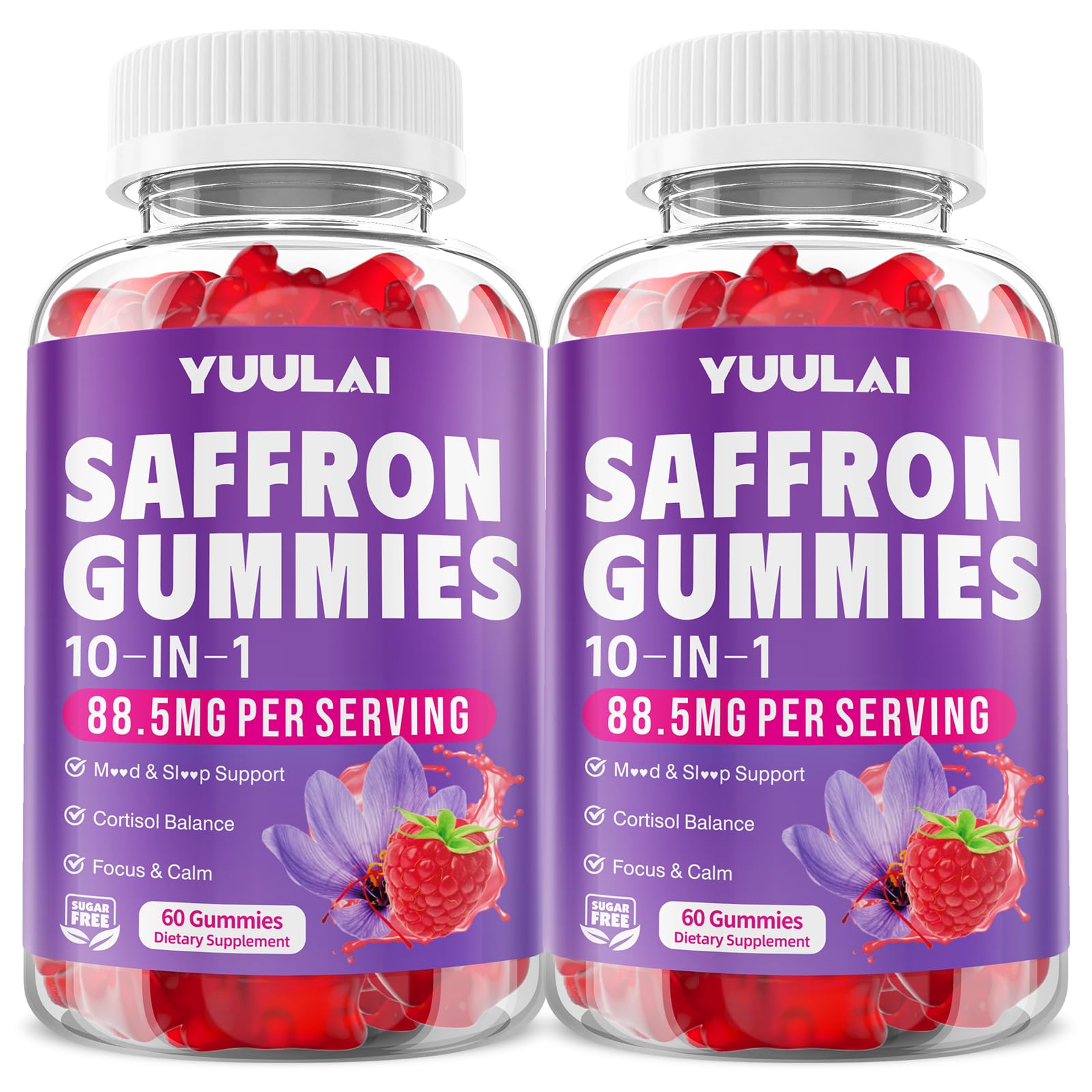 Pack of 2 Saffron Gummies, 10-in-1 Saffron Supplements for Kids & Adults with 88.5mg Saffron Extract, for Emotions, Zzz, Sugar Free, Raspberry Flavor, 120 Count 120 Count (Pack of 1)