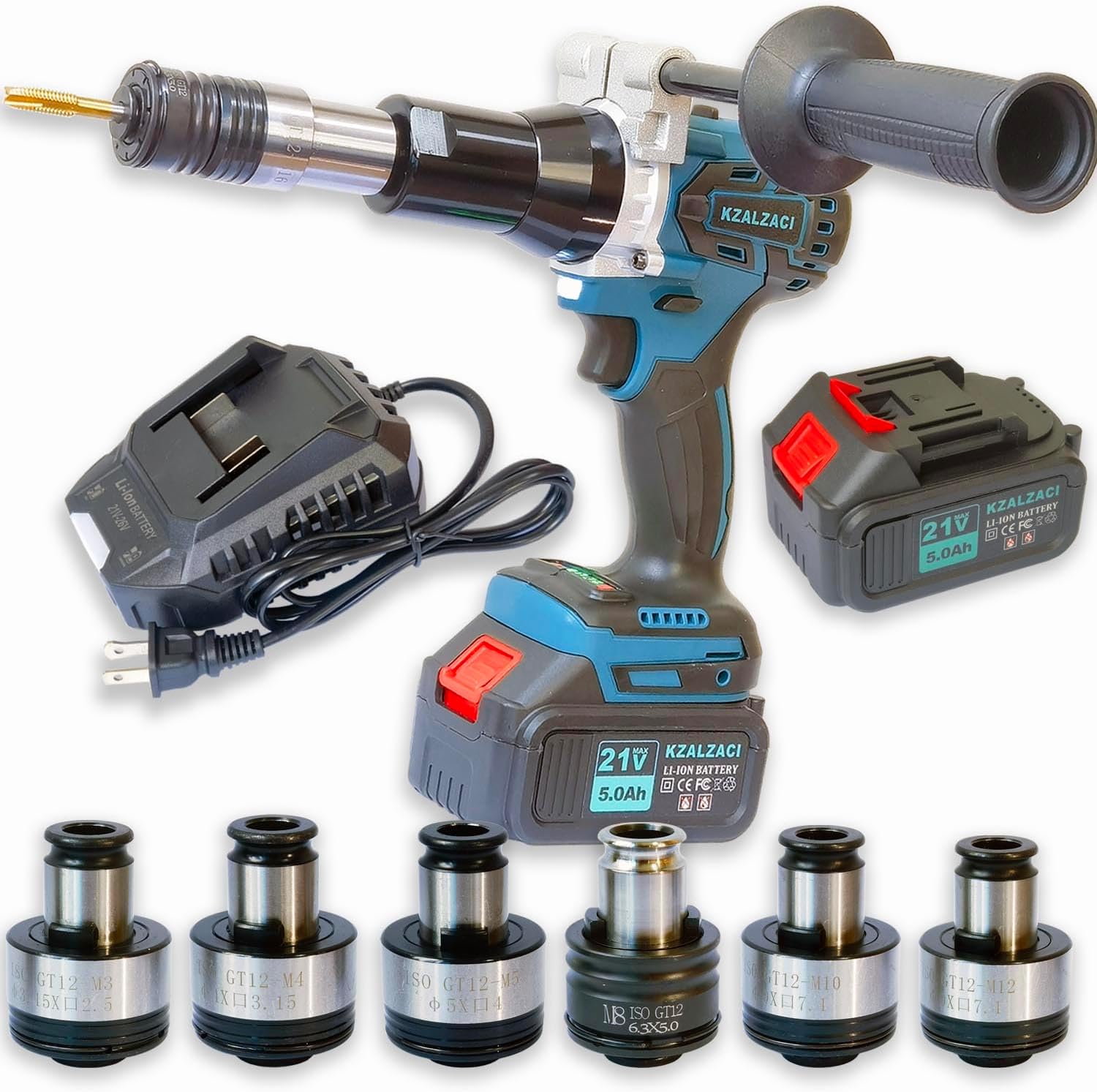 Cordless Tapping Gun, Battery Operated Tapper Handheld Power Tapping Machine with ANSI Collets for M4-M12 Taps, Protective Chucks, Automatic/Manual, Portable, 5.0Ah Battery