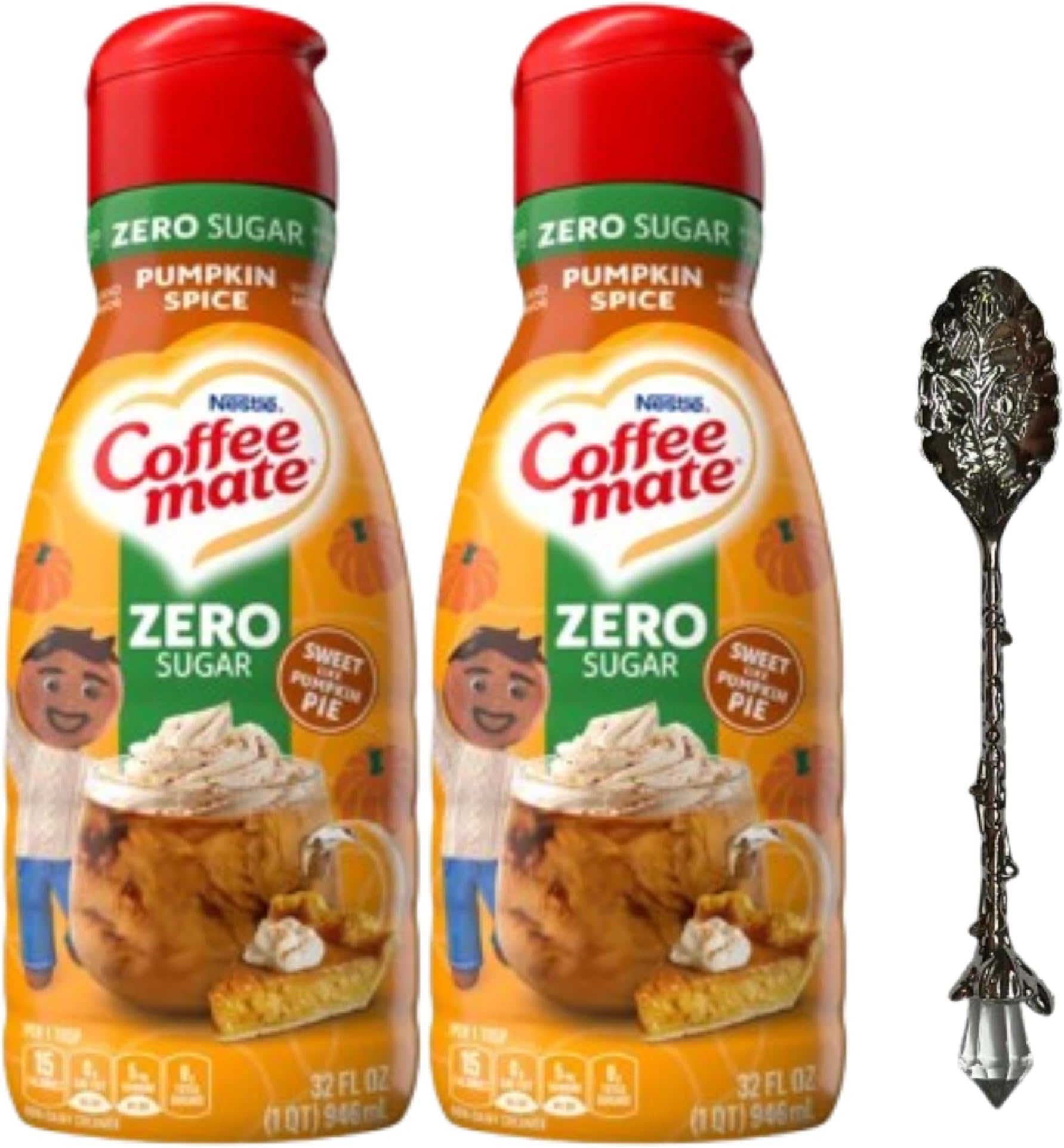 Coffee-Mate Liquid Coffee Creamer – Two (2) 32 fl oz Bottles with Candy Freezer Gem Spoon (Zero Sugar Pumpkin Spice) - Gem Spoon