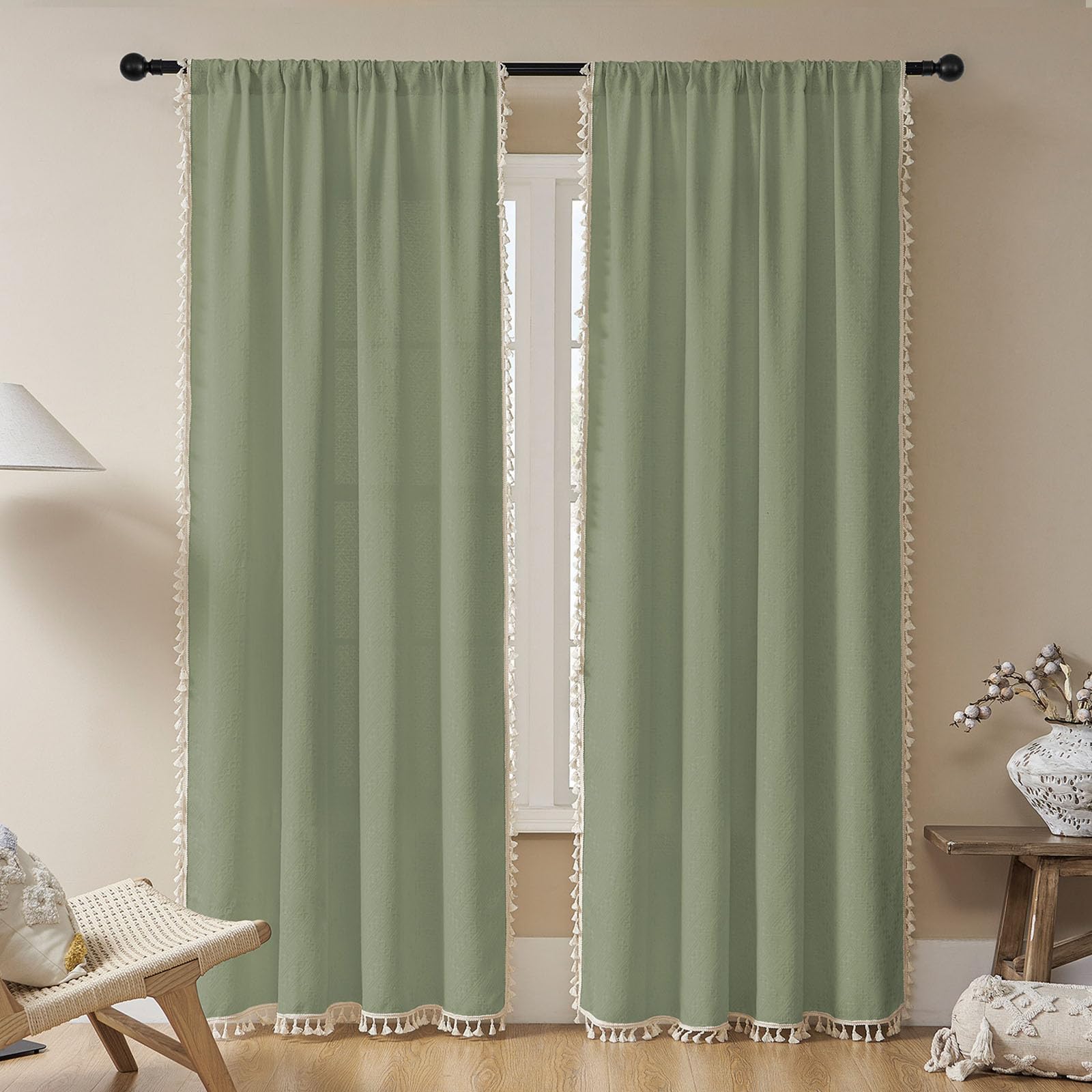 Joydeco Sage Green Boho Curtains 108 Inches Long 2 Panels, Super Soft Bohemian Farmhouse Curtains with Tassels, Semi Sheer Light Filtering Drapes for