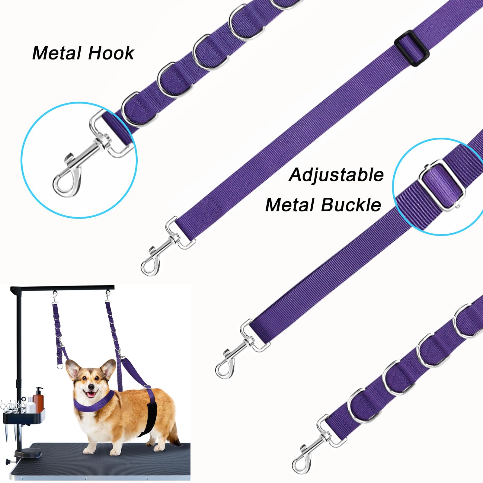 ASOCEA Dog Grooming Belly Strap Nylon Grooming Restraint Loop Noose Dog Grooming Extension Strap Adjustable Traction Leash with D-Rings for Small Medium Cats Dogs Grooming Bathing (Purple) - Image 4
