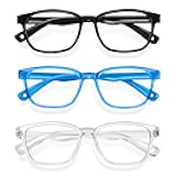 Okany Blue Light Glasses for Kids 3 Pack Anti Glare & Eye Strain Glasses Computer TV Phone Tablets UV Protection Glasses for Kids Boys Girls Age 3-12(Black + Transparent blue + Transparent)