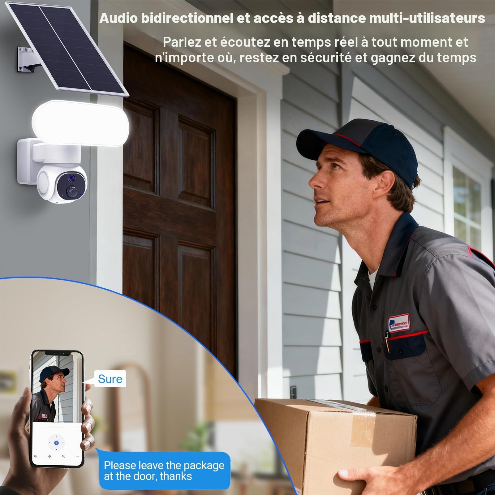 Cadrim 2K Camera Surveillance WiFi Exterieure sans Fil Solaire avec MicroSD 64 Go, 2.4GHz Camera Exterieur avec Panneau Solaire,360° PTZ,Vision Nocturne Couleur, Audio Bidirectionnel, PIR Sirène, IP65