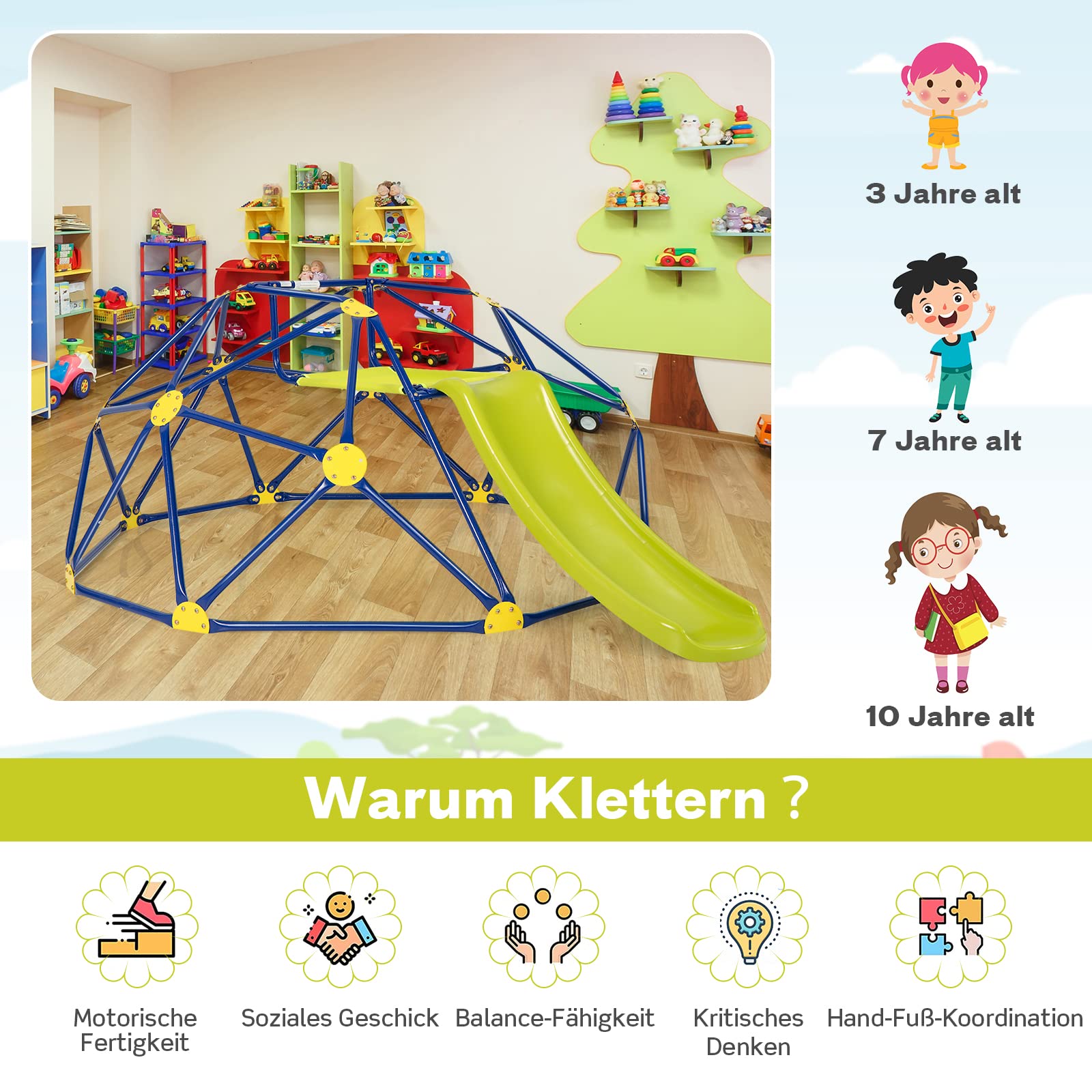 COSTWAY Kletterkuppel und Spielset, Geometrische Kuppel mit Rutsche, 180 KG Tragfähigkeit, Spielplatz für Kinder von 3 bis 10 Jahren, Ideal für Fitnessstudio, Hinterhof, Garten, Park