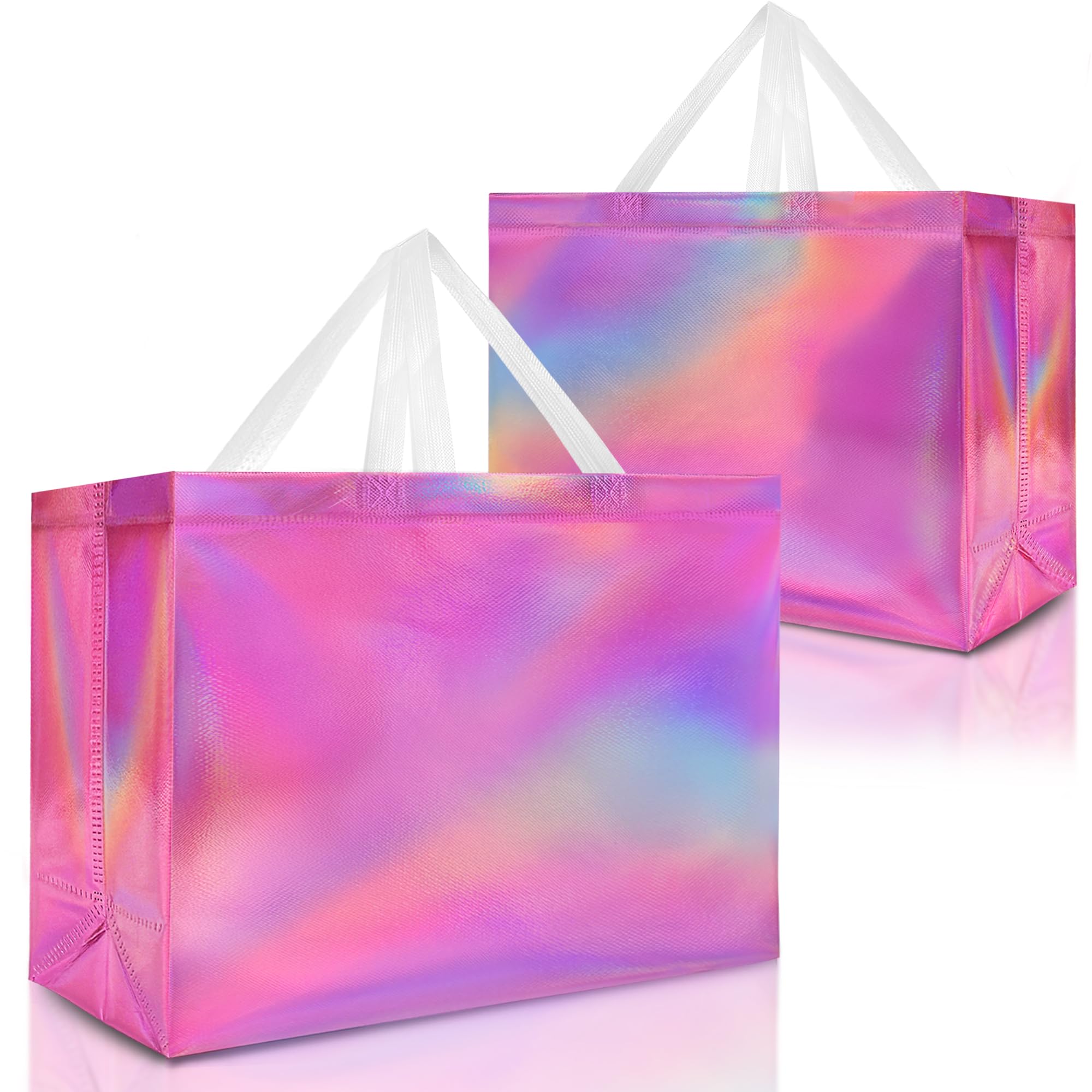 Nush Nush Extra Large Holographic Pink Gift Bag, Set of 12 Reusable Pink Iridescent Gift Bags with Handles - Party Favor Bags for Birthdays, Baby