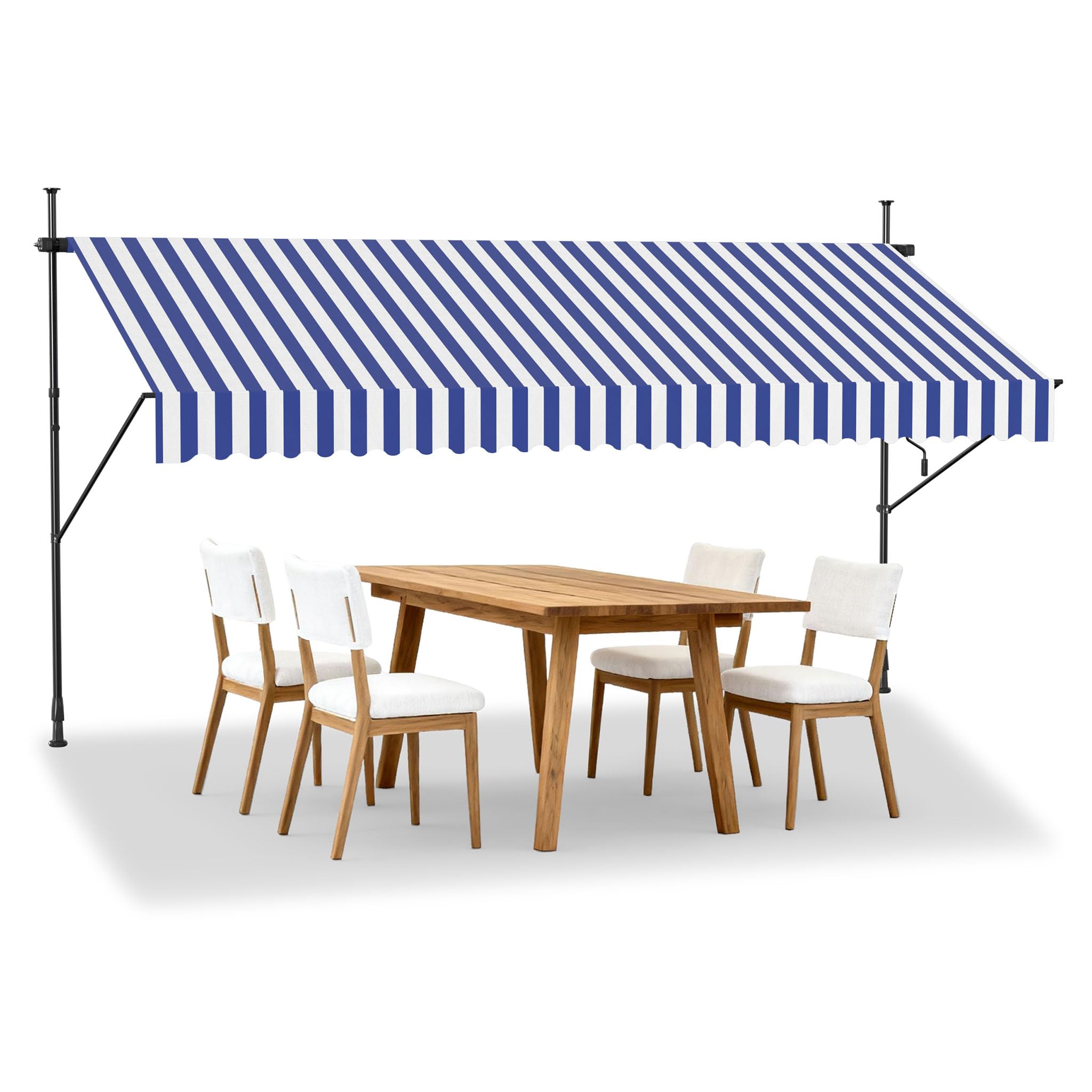 Yunvin Clamp Awning with Hand Crank, 350 x 120 cm Retractable Balcony Manual Awning, No Drilling Awning Sun Protection UV-Resistant Height-Adjustable for Garden Patio Balcony, Blue and White Stripes