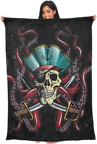 Miniatura 1 de Manta que brilla en la oscuridad para niños y niñas, diseño de calavera espeluznante pirata, feliz Halloween, tentáculos, negro, suave, suave, manta
