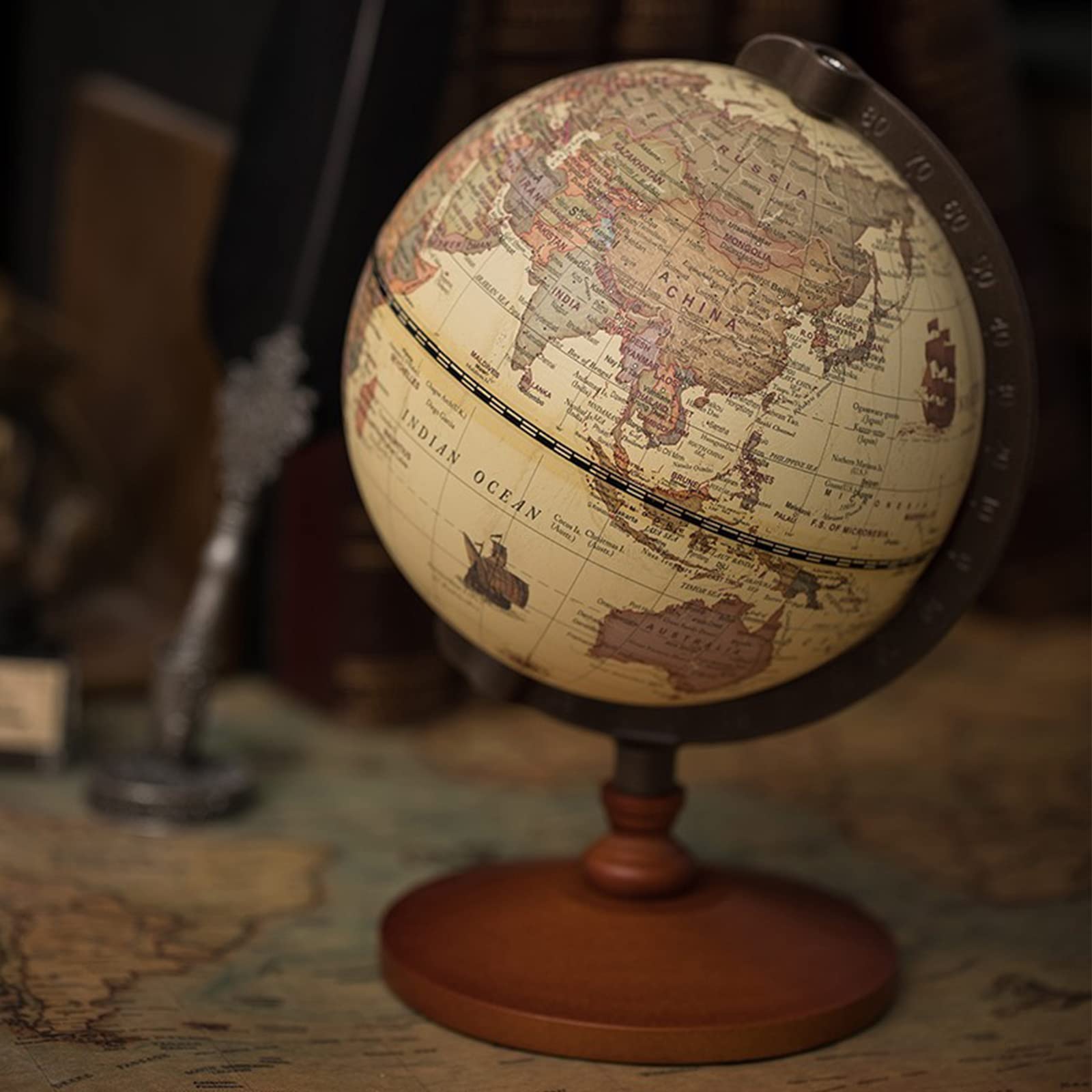 globe， 22cm Classic Retro Wooden Globe With Base, World Rotating Vintage Decorative For Office Decoration Ornaments Desk Toy Geography
