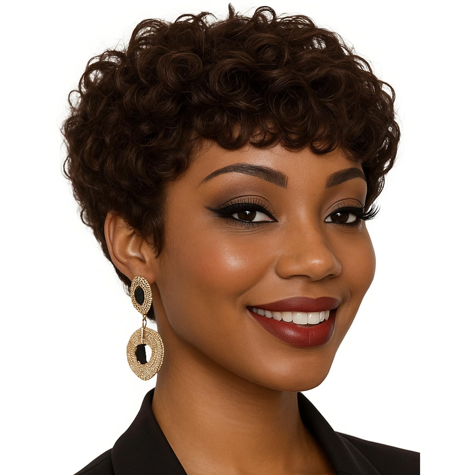 Pixie Short Wigs For Black Women Curly Pixie Cut Wig Natural Synthetic Layered Hair With Bangs For Black Women Curly Pixie Wigs For women Heat Resistant Fiber Wig For Daily Use (Dark Brown)