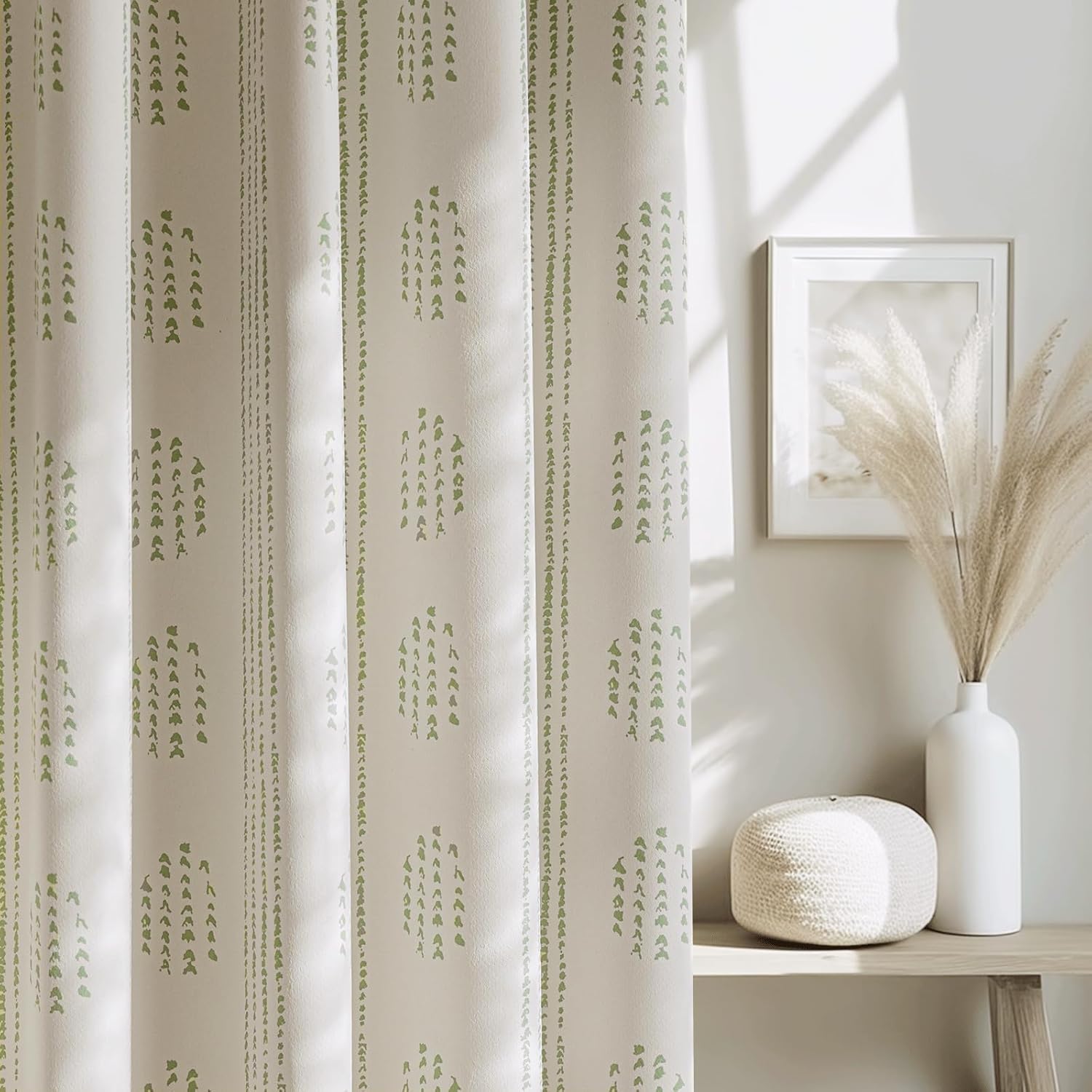 100% Boho Blackout Curtains 72 Inches Long for Bedroom, Green on Beige Patterned Bohemian Curtains for Living Room, Geometric Striped Thermal Insulated Window Drapes Gromment Top 2 Panels Green 52"W x 72"L (Pack of 2)