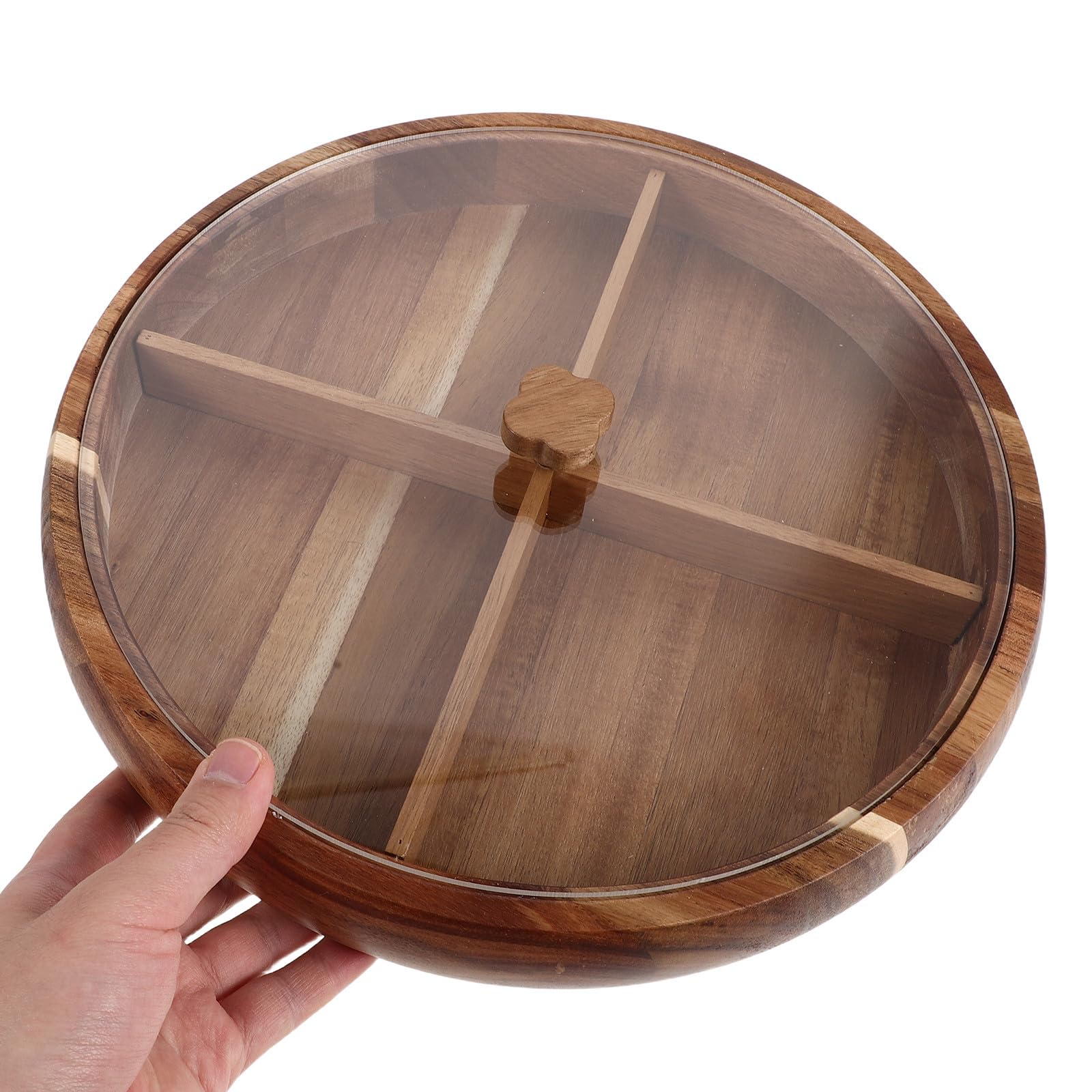 Abaodam Plateau de Service Rond en Bois avec Couvercle Transparent et Compartiments Multiples, Plateau Décoratif pour Fruits Secs et Fruits, pour Fêtes et Réceptions