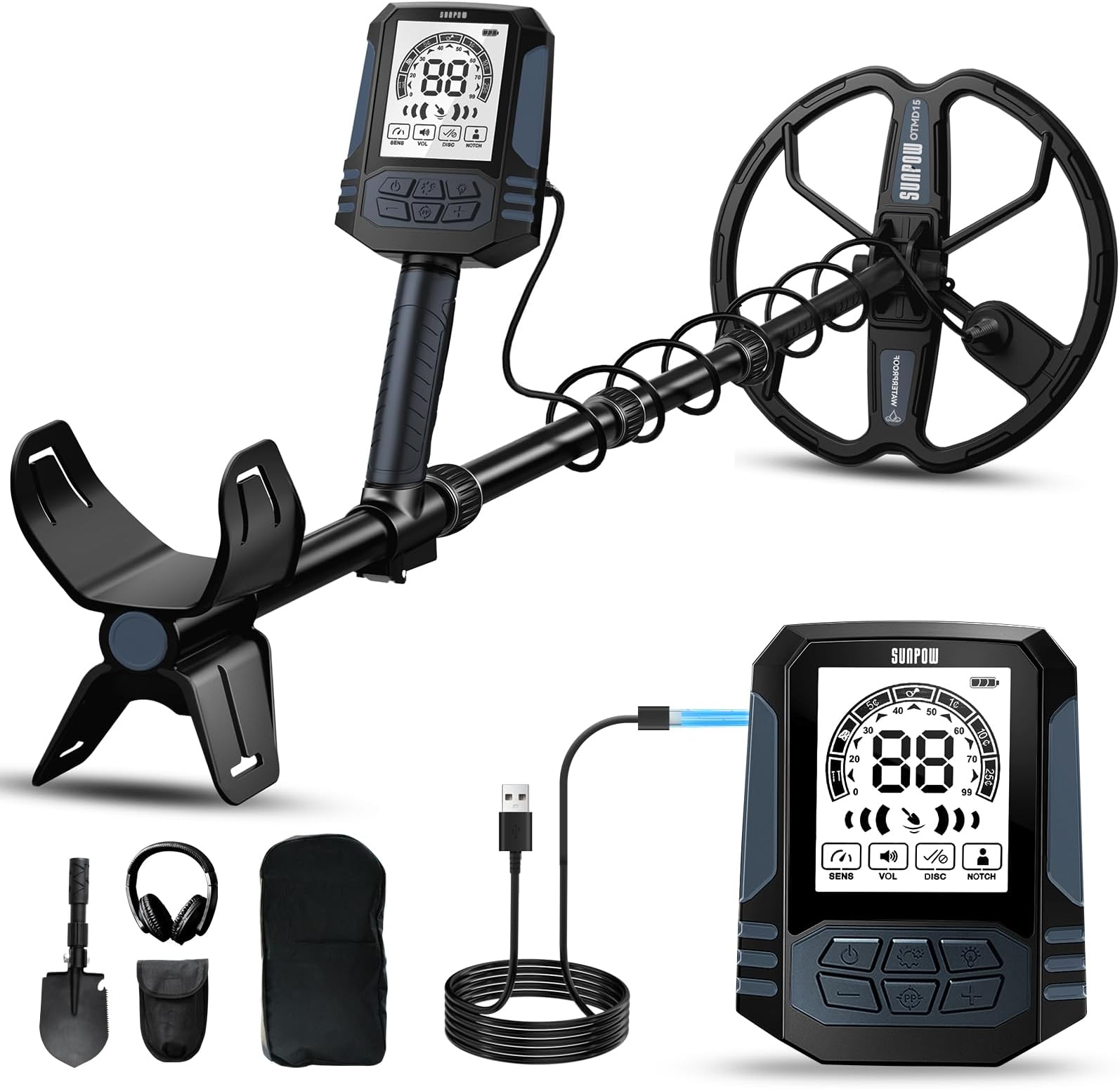 SUNPOW Rechargeable Metal Detector for Adults, 35H Battery Waterproof Gold Detector Kit, 10'' Deep Search Double-D Coil, High Accuracy Pinpointer for Beach, Saltwater & Yard – OTMD15