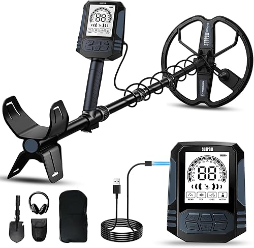 SUNPOW Detector de Metales Recargable para Adultos - Batería de Litio de 2500mAh para 35H de Uso - Detector de Oro Impermeable con Bobina Dual D