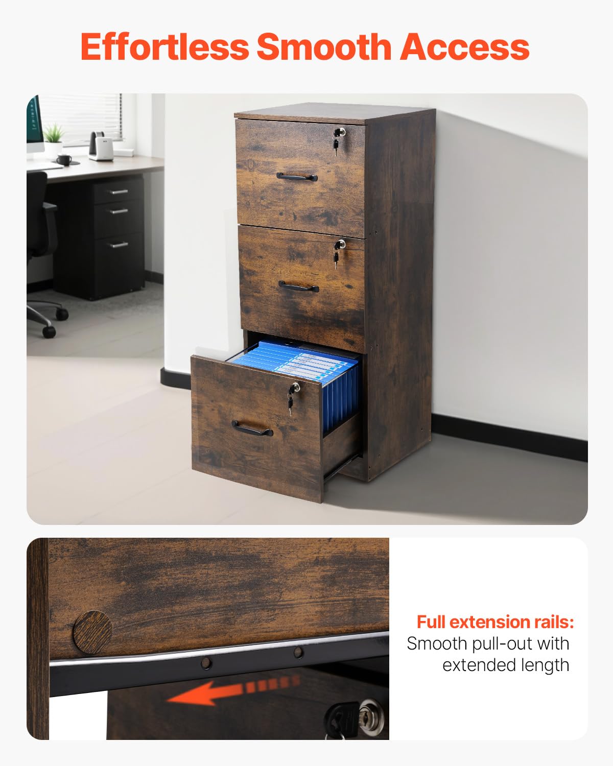 VEVOR Aktenschrank mit 3 Schubladen und Schloss, vertikale Büroschränke aus Holz für Homeoffice, Lagerschrank Materialschrank mit Verstellbarer Hängestange, Aufbewahrungsschrank für Akten im A4