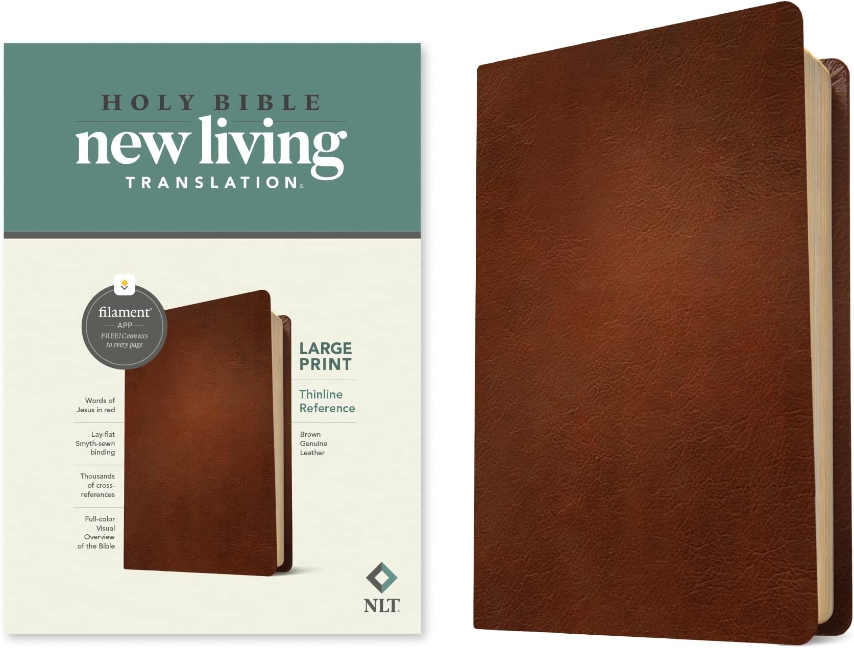 NLT Large Print Thinline Reference Bible, Filament Enabled (Genuine Leather, Brown, Red Letter)