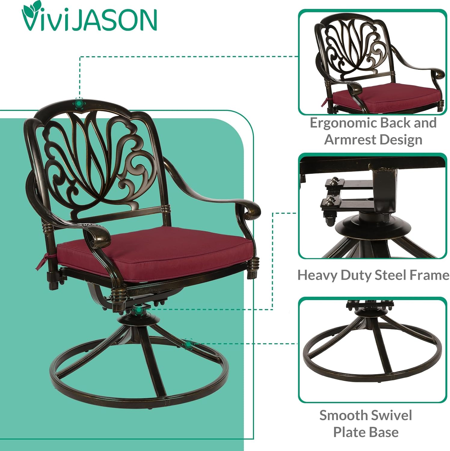 VIVIJASON 9-Piece Outdoor Dining Set, Cast Aluminum Retro Patio Furniture Table and Chairs Set for 8, Include 94.5" Rectangular Table and 8 Swivel Rocker Chairs with Umbrella Hole, Red Cushion