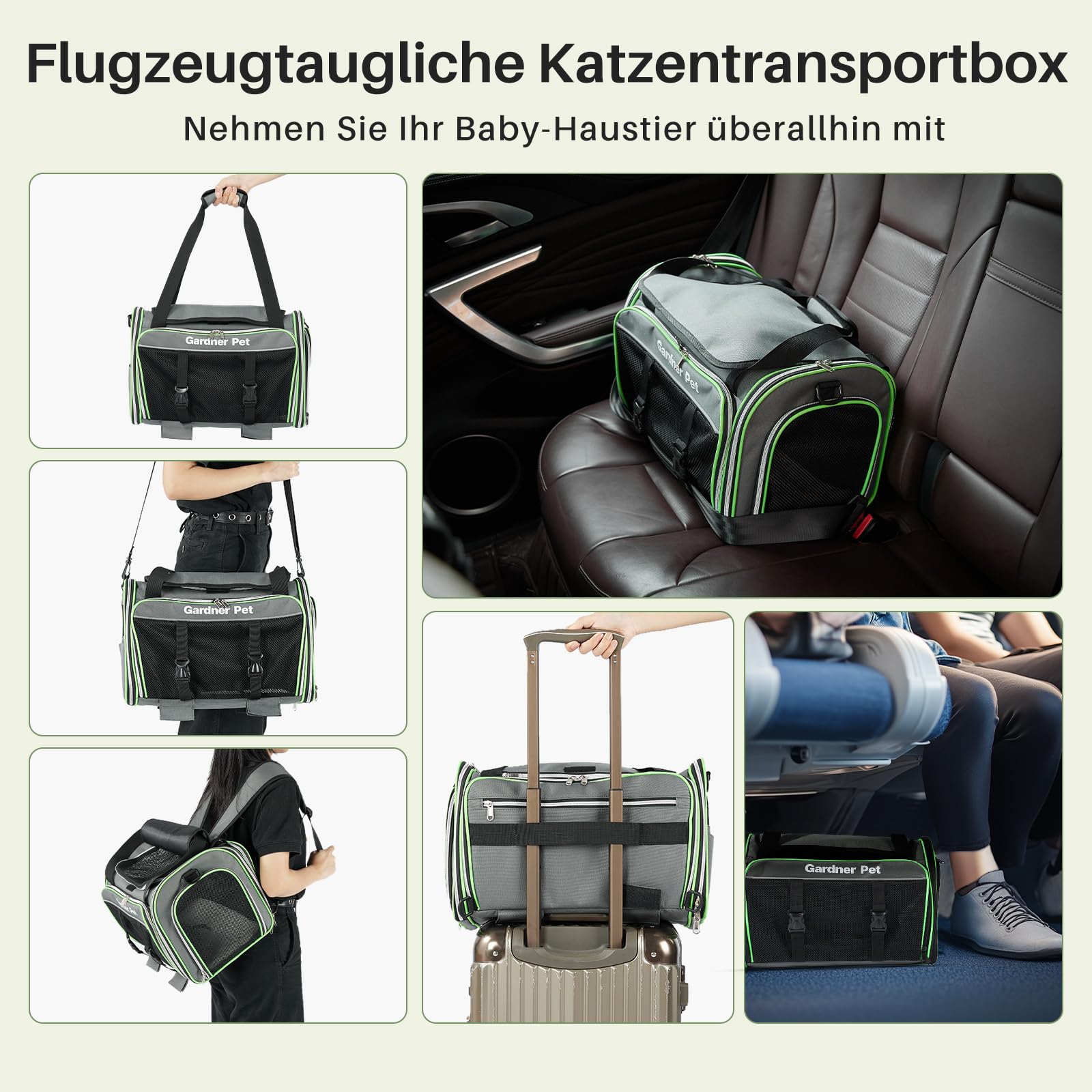 Gardner Pet Katzentransportbox, Haustiertragetasche, Faltbar und Erweiterbar für Katzen und kleine Hunde, atmungsaktive Transporttasche, Haustier-Reisetasche mit Schultergurt, BPA-frei, L