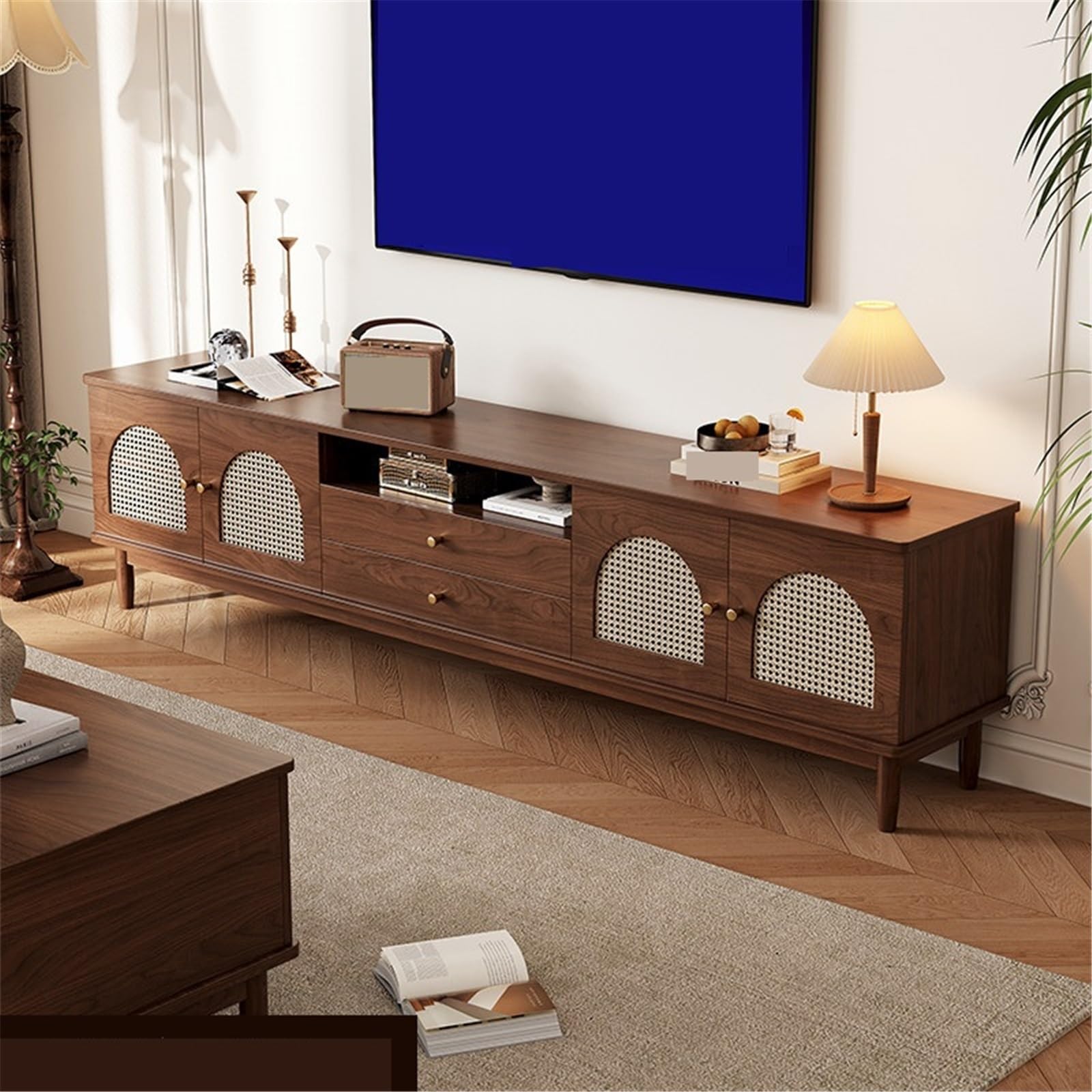 Console multimediale Mobile TV da soggiorno in stile vintage intrecciato in rattan retrò portaoggetti a terra Centro di intrattenimento